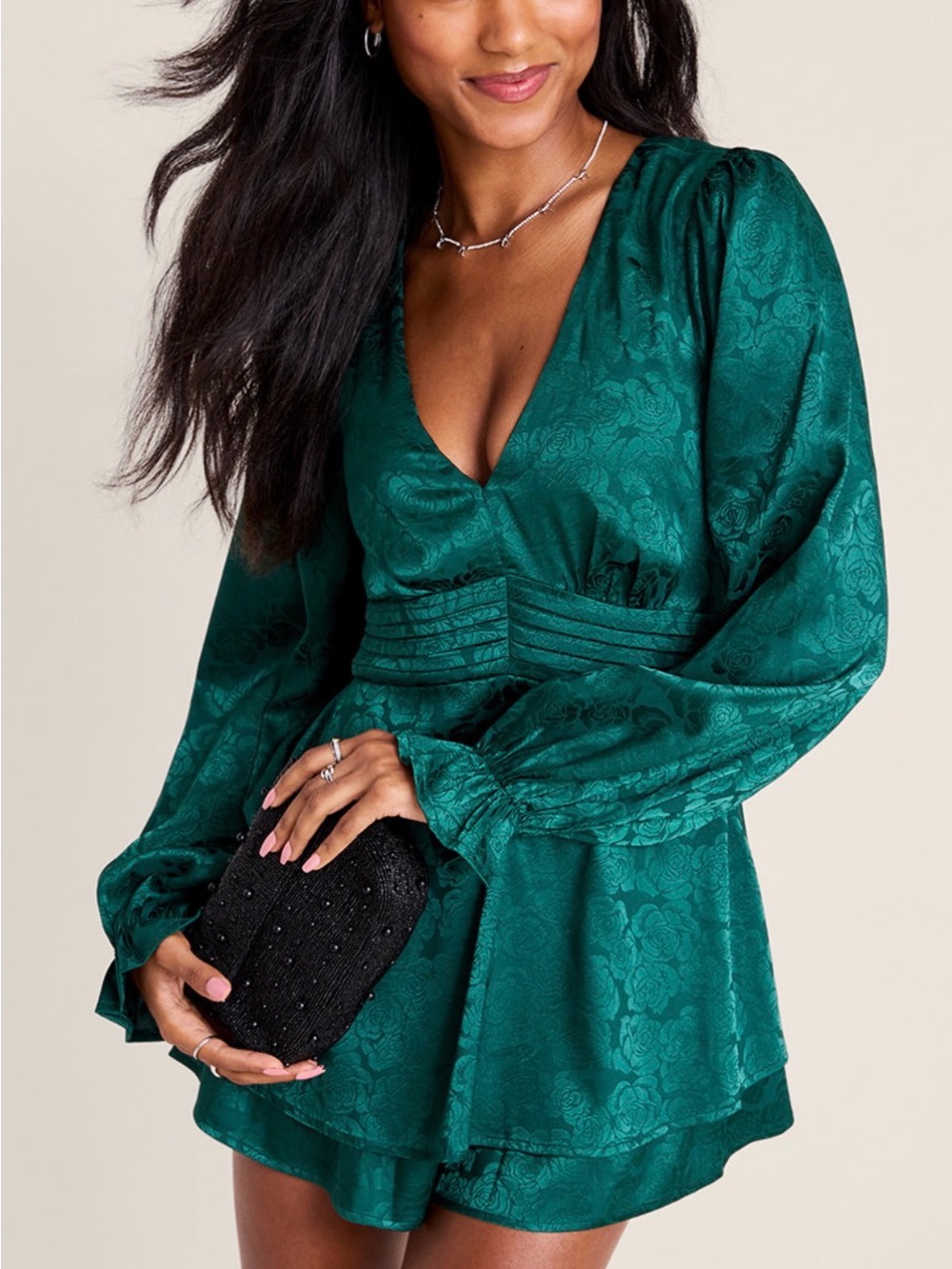 Francesca's Collections Hunter Green Jenny Jacquard Floral Romper